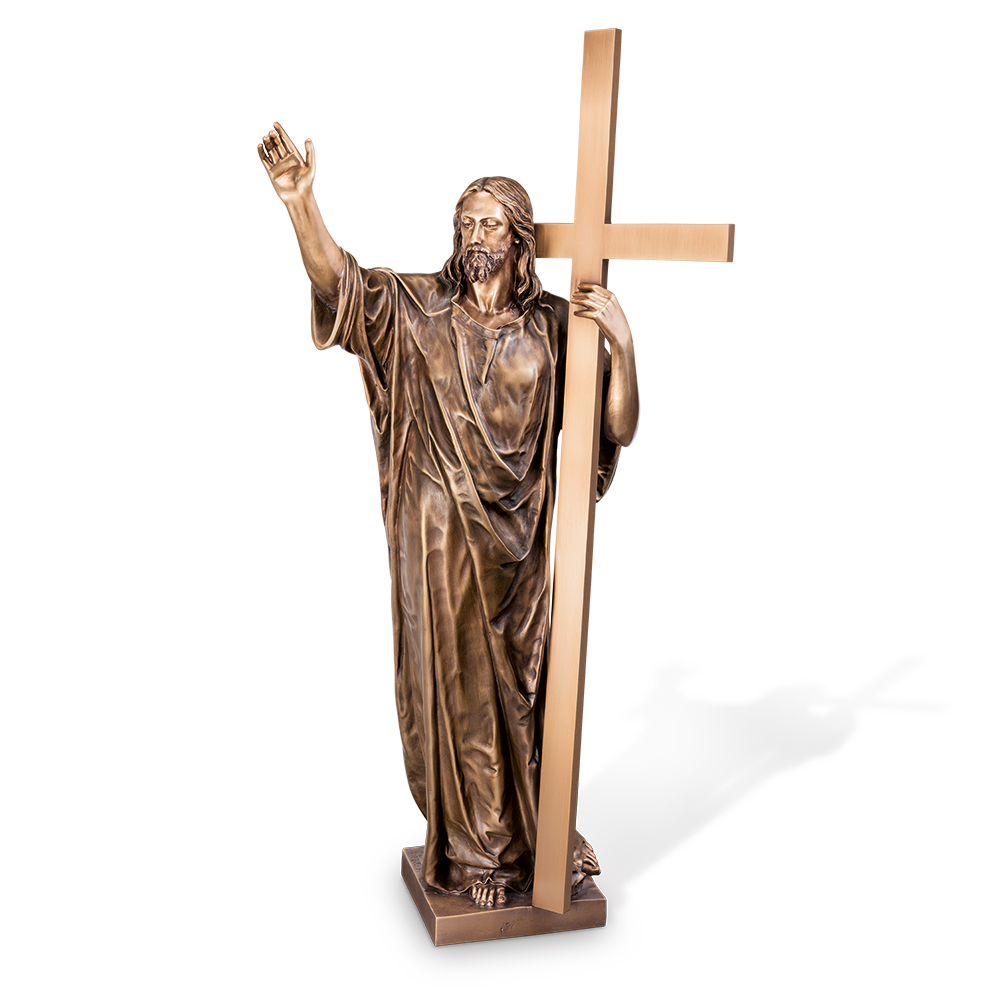 Christusfigur stehend mit Kreuz im Bronzeguss online kaufen Grabfigur Christus Kreuz Bronze